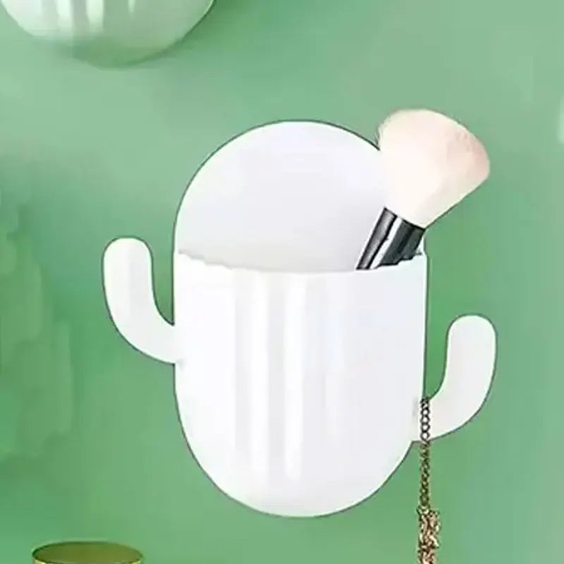 Cute Cactus Makeup Brush Holder,Wall Mounted Sundries Box Self-Adhesive Shaver Rack,Kitchen Bathroom Toothbrush Storage Containe