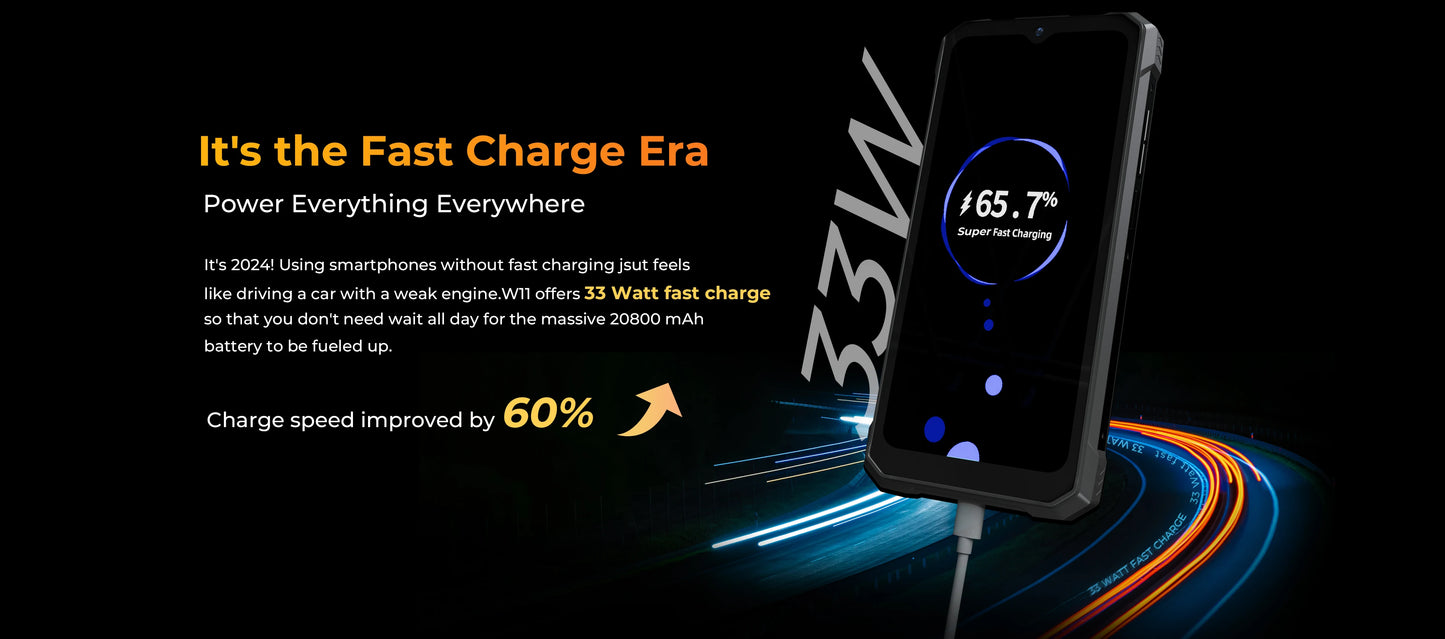 HOTWAV W11 20800mAh 33W Smartphone 12GB(6+6) 256GB 280LM Flashlight 6.6'' FHD+ 24MP Night Vision Rugged cell phone