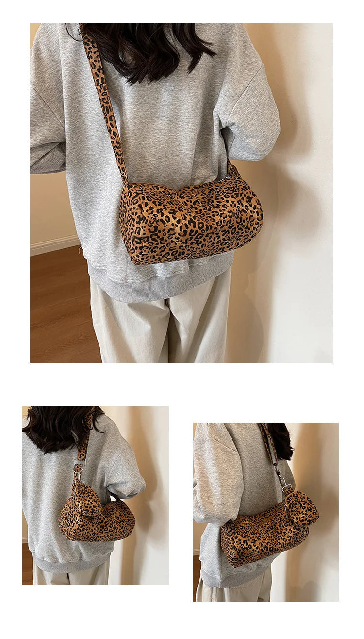 Korean Version Niche Leopard Print Canvas Armpit Bag for Women New Trendy Fashion Shoulder Bag Commuting Versatile Pillow Bag