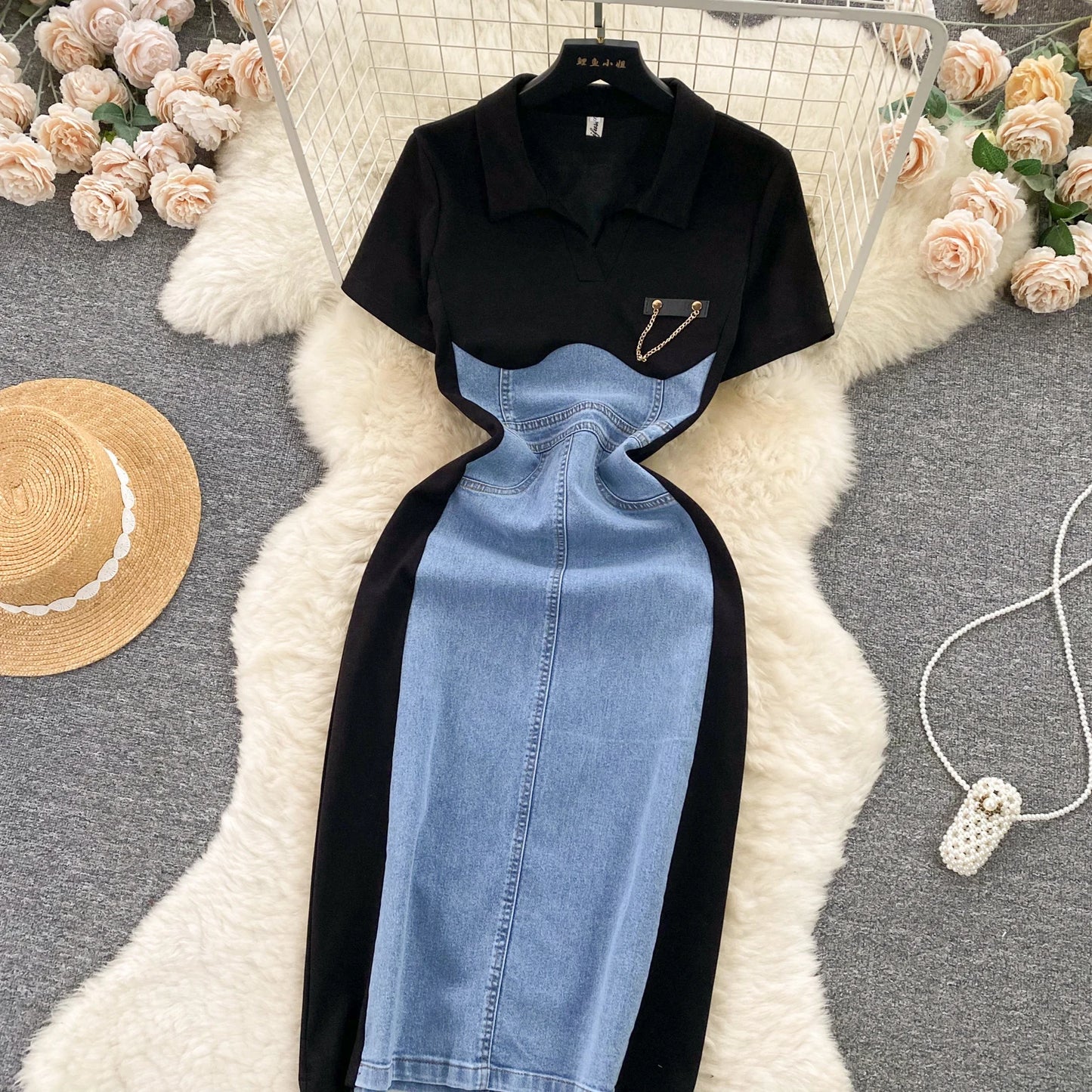 High Waist Bodycon Vestidos Mujer Women 2025 Dresses Contrast Fake Two Piece Dress Casual Fashion Vestido Temperament Robes