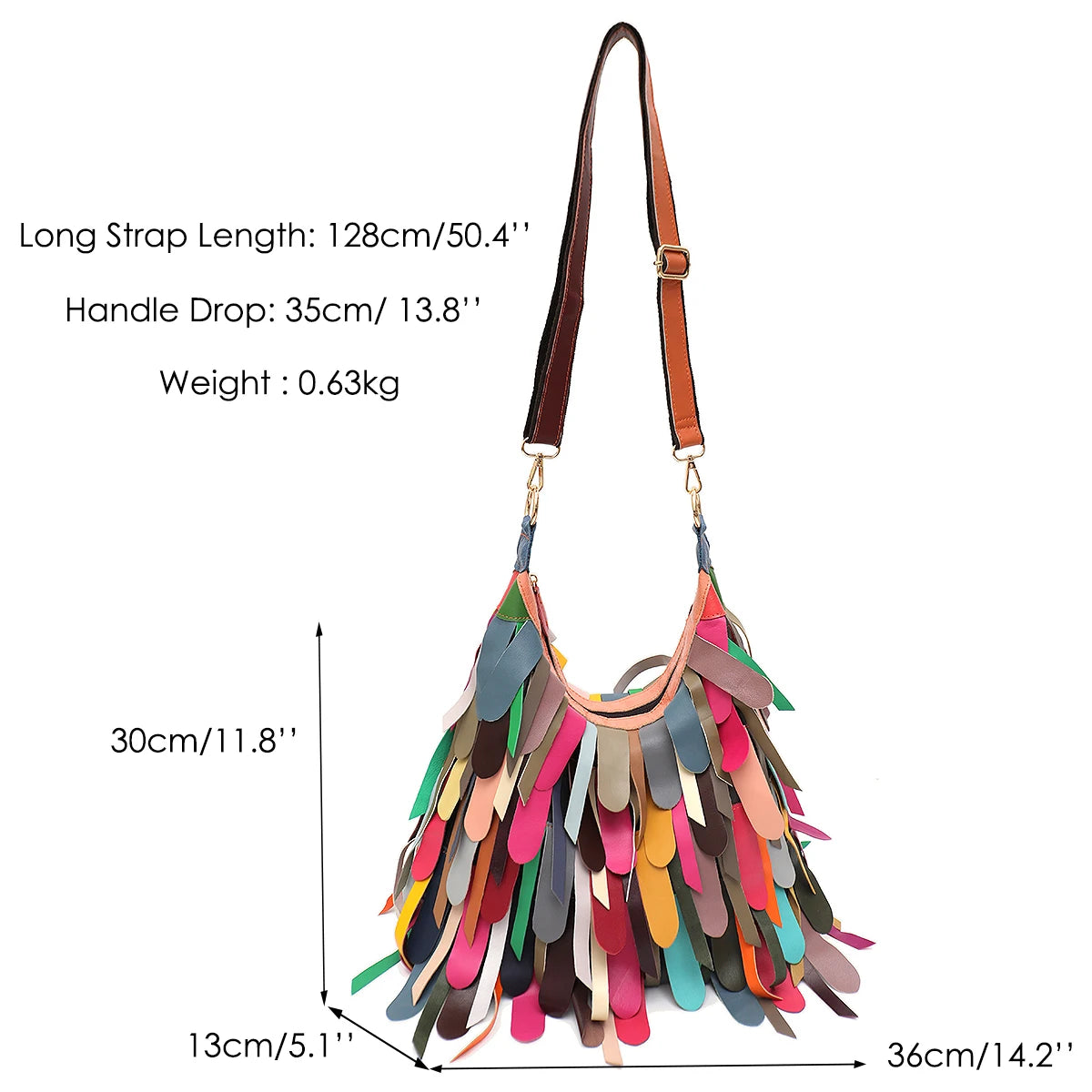 Women Daily Casual Slouchy Boho Style Colorful Real Sheepskin Tassel Fringe Hobo Shoulder Cross body Bag Genuine Leather Handbag
