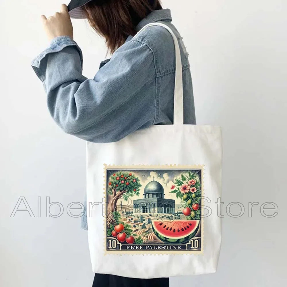 Peace Gifts Al Aqsa Keffiyeh Canvas Tote Bags Olive Tree Jerusalem Dome of The Rock Shopping Fashion Shoulder Organizer Handbag