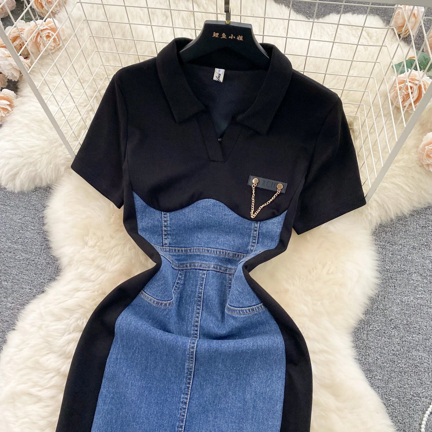 High Waist Bodycon Vestidos Mujer Women 2025 Dresses Contrast Fake Two Piece Dress Casual Fashion Vestido Temperament Robes