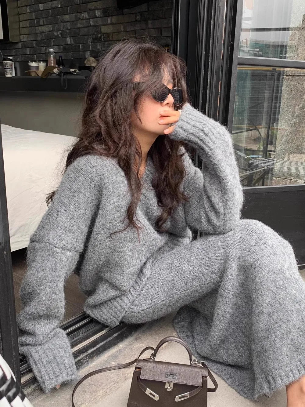 Elegant Solid Sweater Skirts Suits for Women Autumn Winter Fashion V-Neck Pullover Knitted Top Loose Skirt Casual Two Pieces Set