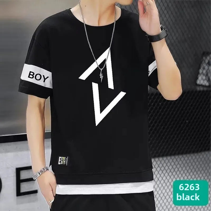 男士夏季薄款短袖休閒褲運動套裝寬鬆半袖T卹一件套中國大陸產