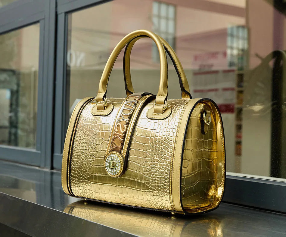 Classic Retro Women's Shoulder Bag Boston Handbag Crocodile Embossed Crossbody Letter Decoration High Quality Top Handle Bag