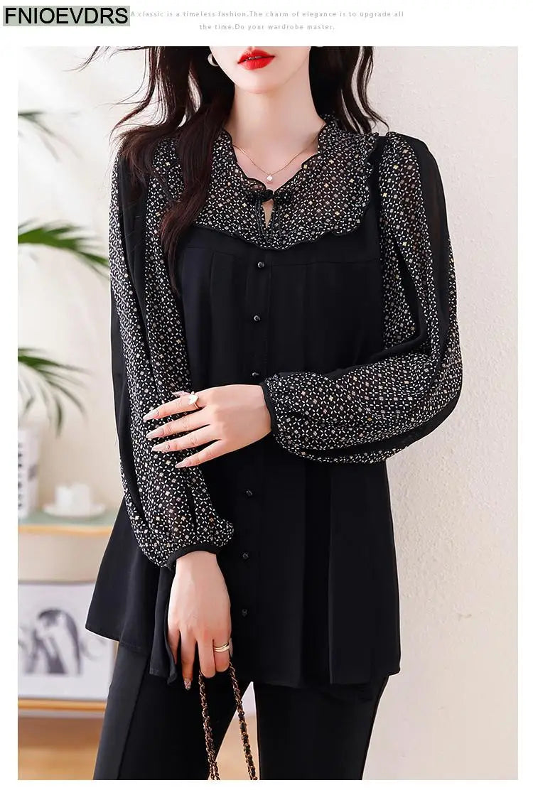 Loose Clothes Women 2024 Autumn Elegant Office Lady Casual Button Shirts Fake Two Piece Retro Vintage Bling Tops Blouses