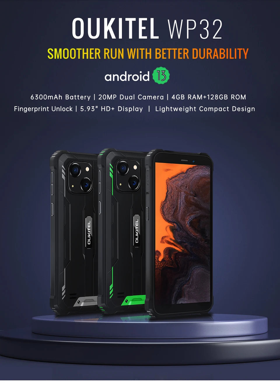 OUKITEL WP32 12GB(4+8) 128GB Mobile Phone IP68, Octa-Core, 6.0" HD+, Unbreakable Smartphone 6300mAh Android 13