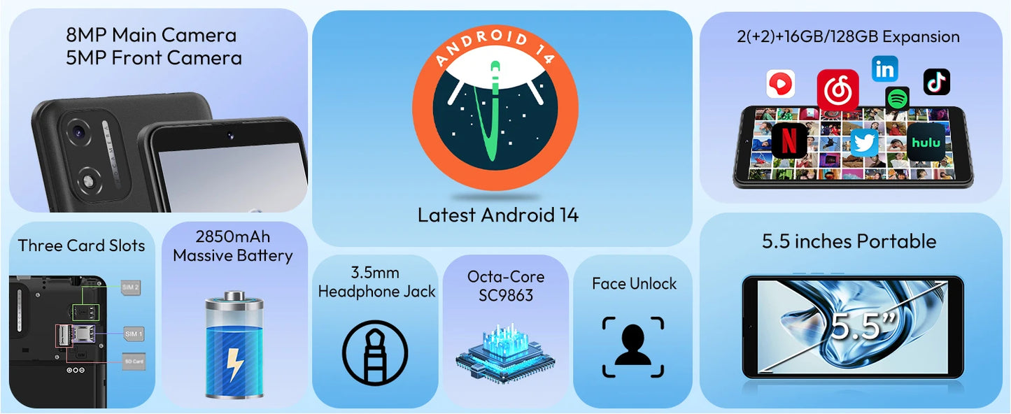 5.5'' XGODY X32 Android 14 Smartphone Dual SIM Octa Core 4GB+16GB Mobile Phones 2850mAh 5+8MP 4G Network Face ID Cellphones