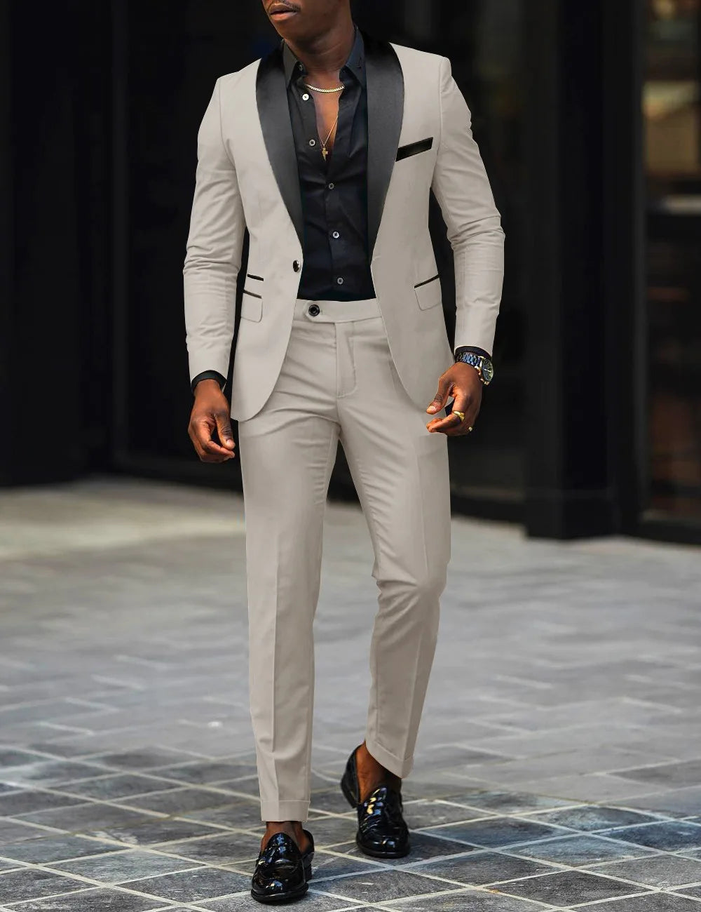 男士新款時尚商務休閒兩件式舒適透氣修身側開叉單扣西裝外套+褲子