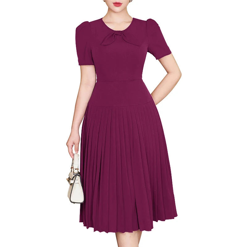 ZANZEA Short Sleeve Korean Fashion Party Dress Elegant Solid Waist-Cinched Pleated A-line Robes Women O Neck Knee-length Dress