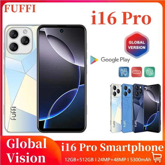 Smartphone Global Vision I16 Pro 5G Android 5300 mAh 12 Go RAM 512 Go ROM 6,56 pouces 1080x2640 HD 24+48 MP MTK10 4G Réseau Téléphone portable
