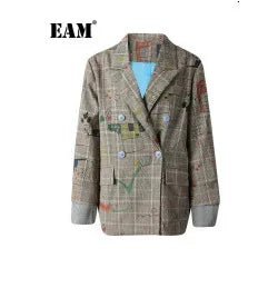 EAM Black Color-block Sequins Big Size Blazer Women New Lapel Long Sleeve Jacket Fashion Tide Spring Autumn 2025 CPG1490