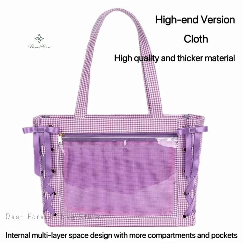 Japanese Sweet Women Ribbon Ita Bag Cute Lolita Girl Transparent Handbags Fashion Large Capacity Tote Bag Aesthetic Shoulder Bag