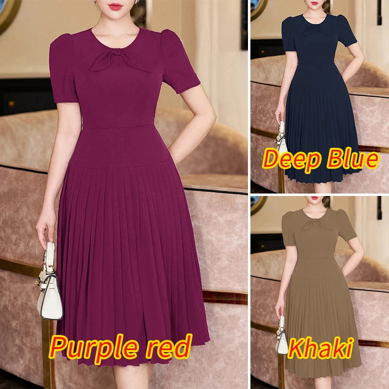 ZANZEA Short Sleeve Korean Fashion Party Dress Elegant Solid Waist-Cinched Pleated A-line Robes Women O Neck Knee-length Dress