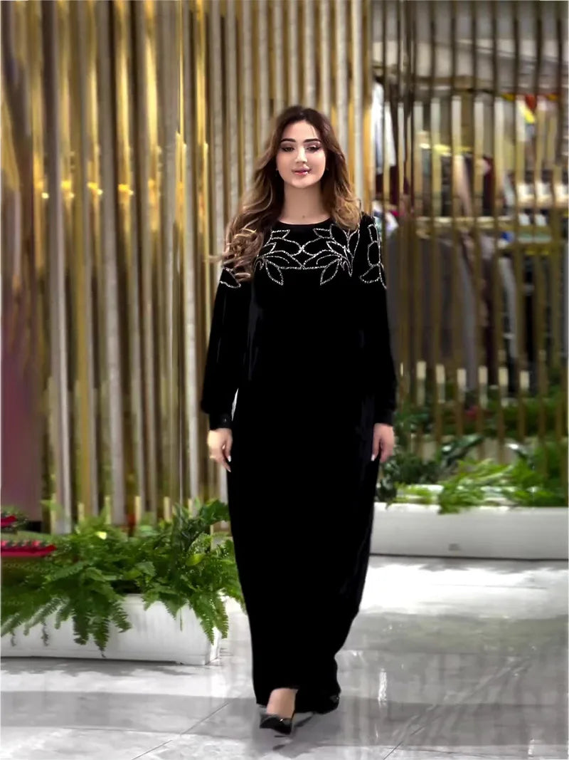 Eid Muslim Party Dress for Women Abaya Spring Velvet Diamond Dresses Ramadan Belt Vestidos Largos Dubai Robe Jalabiya 2024