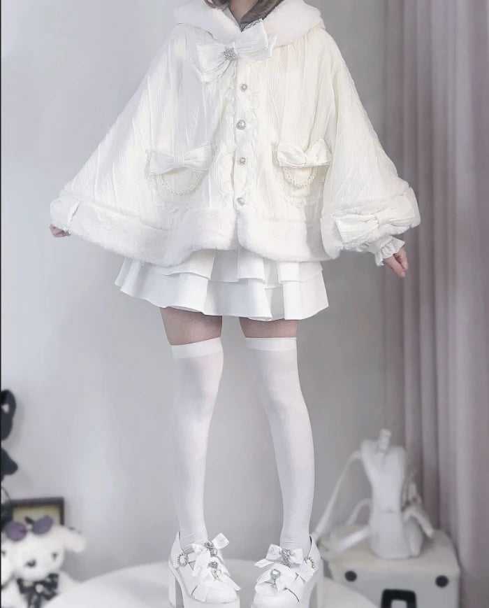 Japanese Style New Winter Mass Production Mine Series Velvet Rabbit Ear Cape Sweet Bow Knitted Furry Cloak Warm Jacket Coat