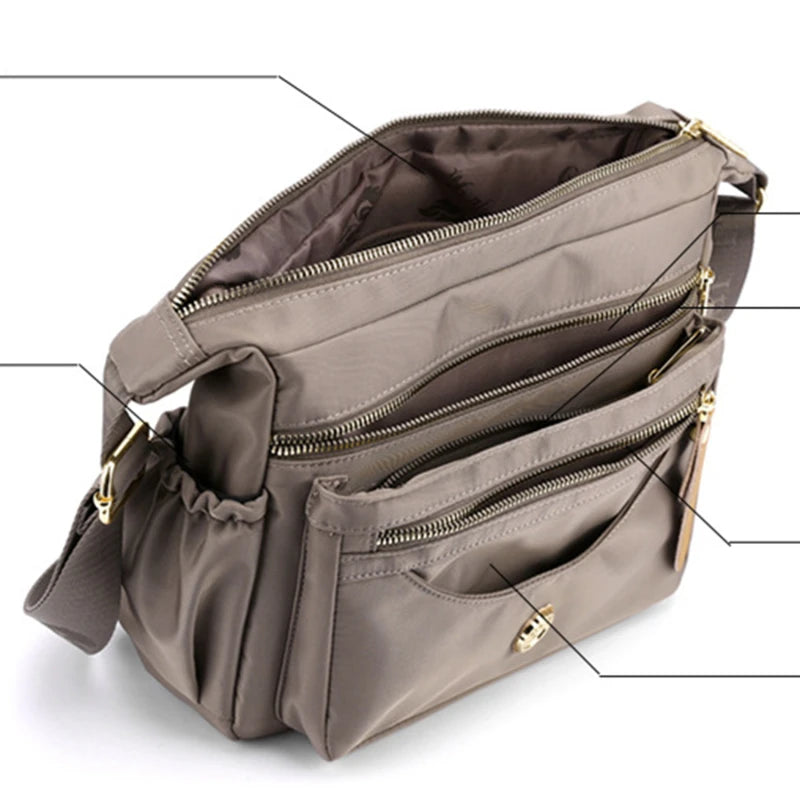 New Female Nylon Bag Casual Shoulder Bag Multi-layered Phone Bag Multi-pocket Shoulder Bag Solid Color Ladies Crossbody Bag