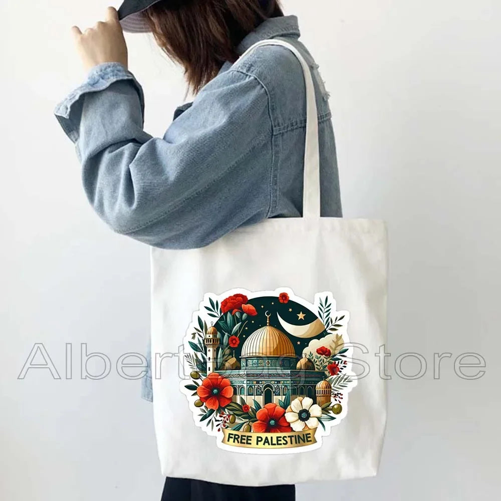 Peace Gifts Al Aqsa Keffiyeh Canvas Tote Bags Olive Tree Jerusalem Dome of The Rock Shopping Fashion Shoulder Organizer Handbag