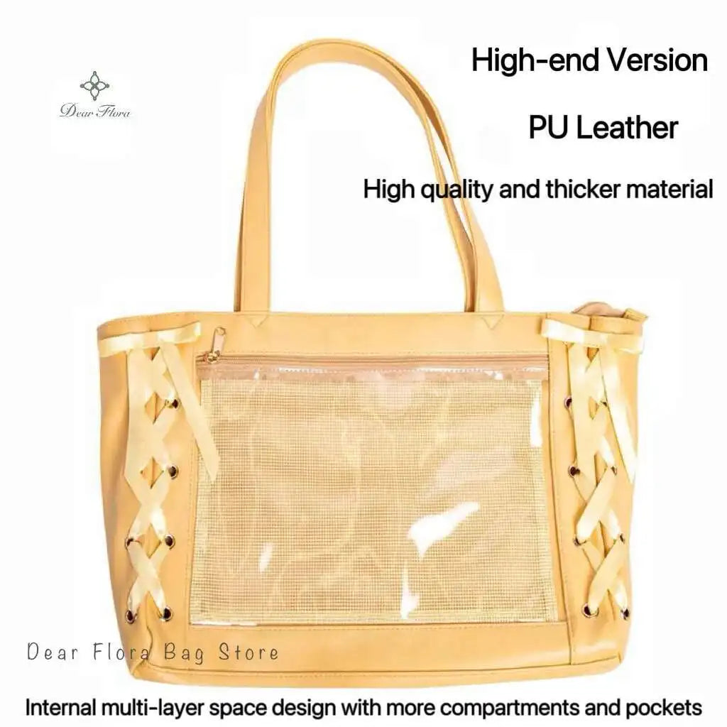 Japanese Sweet Women Ribbon Ita Bag Cute Lolita Girl Transparent Handbags Fashion Large Capacity Tote Bag Aesthetic Shoulder Bag