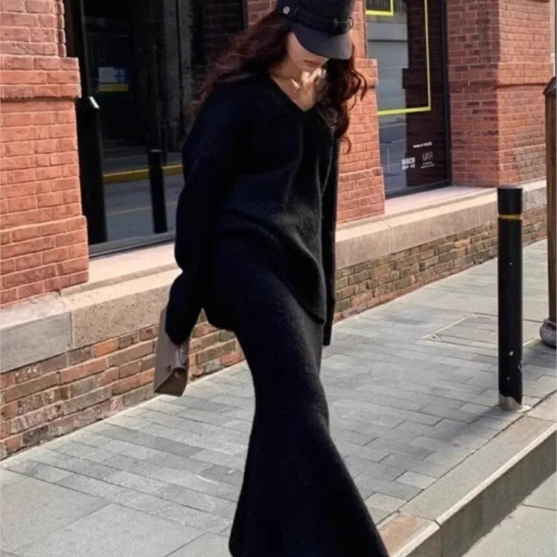 Elegant Solid Sweater Skirts Suits for Women Autumn Winter Fashion V-Neck Pullover Knitted Top Loose Skirt Casual Two Pieces Set