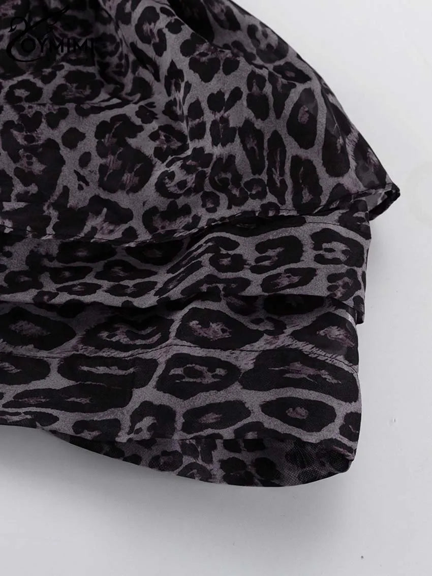 Oymimi Fashion Brown Leopard Print Women's Dress Elegant Long Sleeve Buton Lace-Up Dresses Casual Cascading Ruffle Mini Dresses