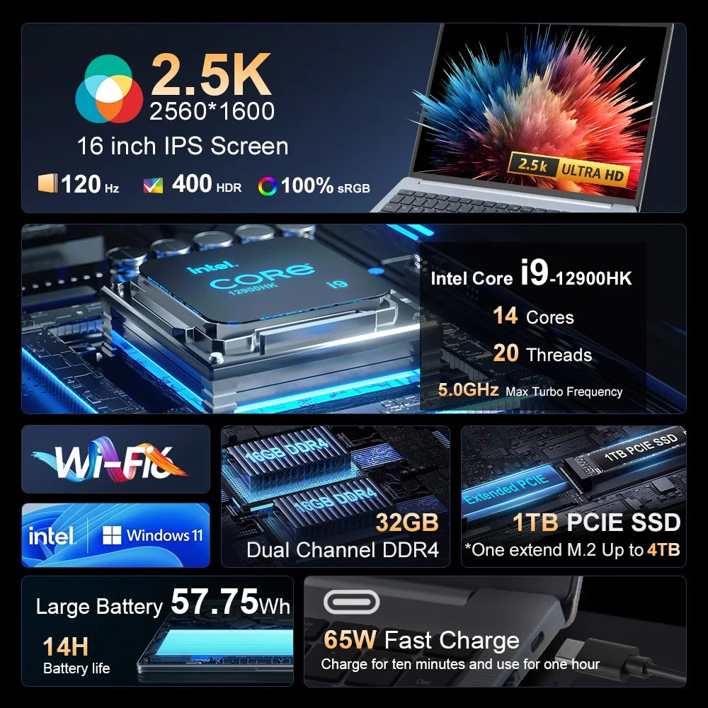 Laptop 16 inch 2.5K 120Hz Intel Core i9-12900HK WiFi 6 32GB RAM 1TB SSD Laptop Windows 11 pro Notebook Office Computer