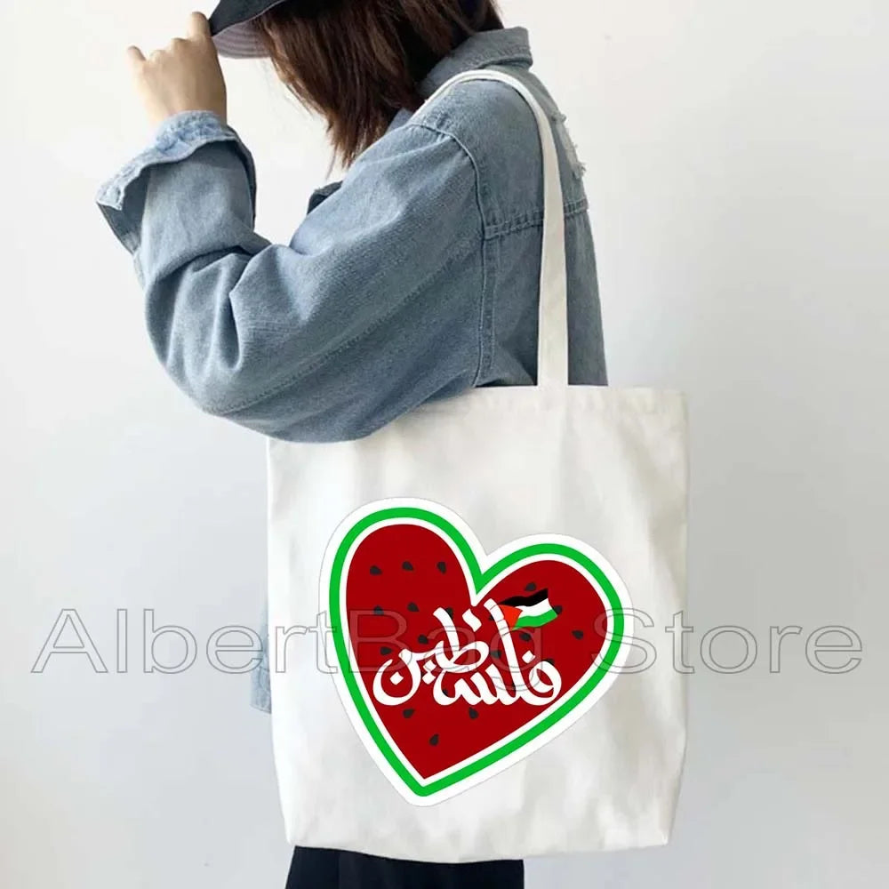 Peace Gifts Al Aqsa Keffiyeh Canvas Tote Bags Olive Tree Jerusalem Dome of The Rock Shopping Fashion Shoulder Organizer Handbag
