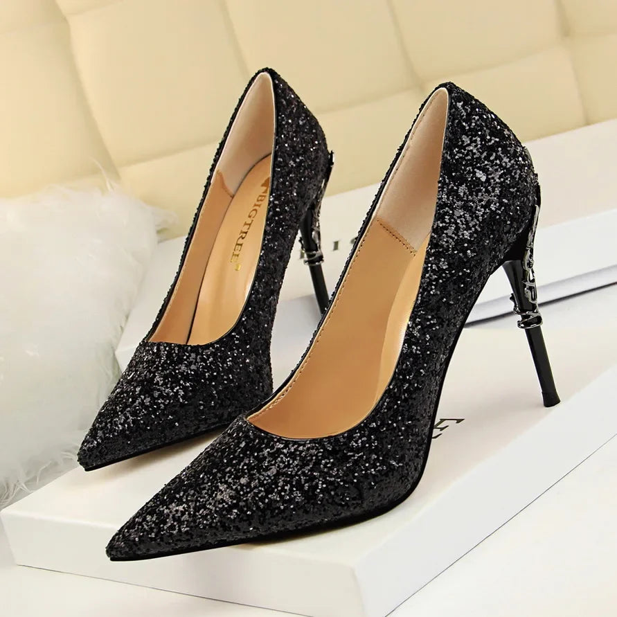 Women 9.5cm High Heels Pumps Lady Wedding Bridal Gold Silver Stiletto Heels Nightclub Event Party Sparkly Sequins Bling Shoes