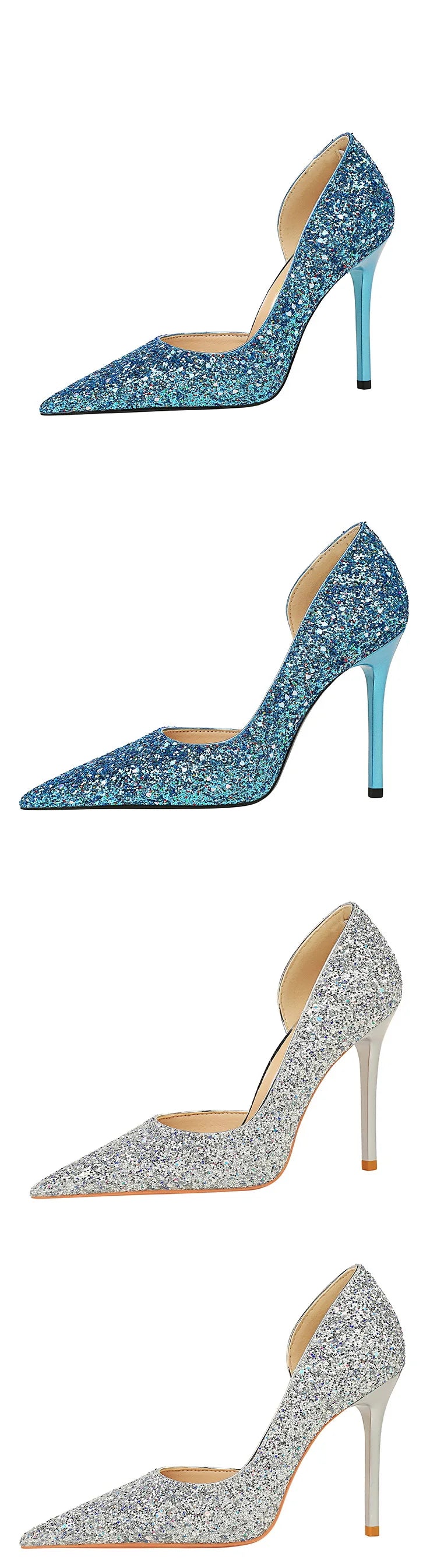 BIGTREE Women 7cm 11cm Super High Heels Blue Gold Pumps Sexy Sequins Bling Low Heels Lady Scarpins Luxury Stiletto Sparkly Shoes