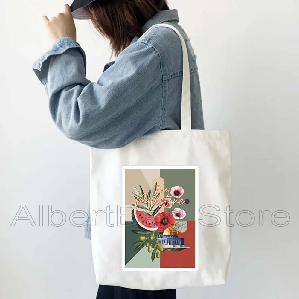Peace Gifts Al Aqsa Keffiyeh Canvas Tote Bags Olive Tree Jerusalem Dome of The Rock Shopping Fashion Shoulder Organizer Handbag