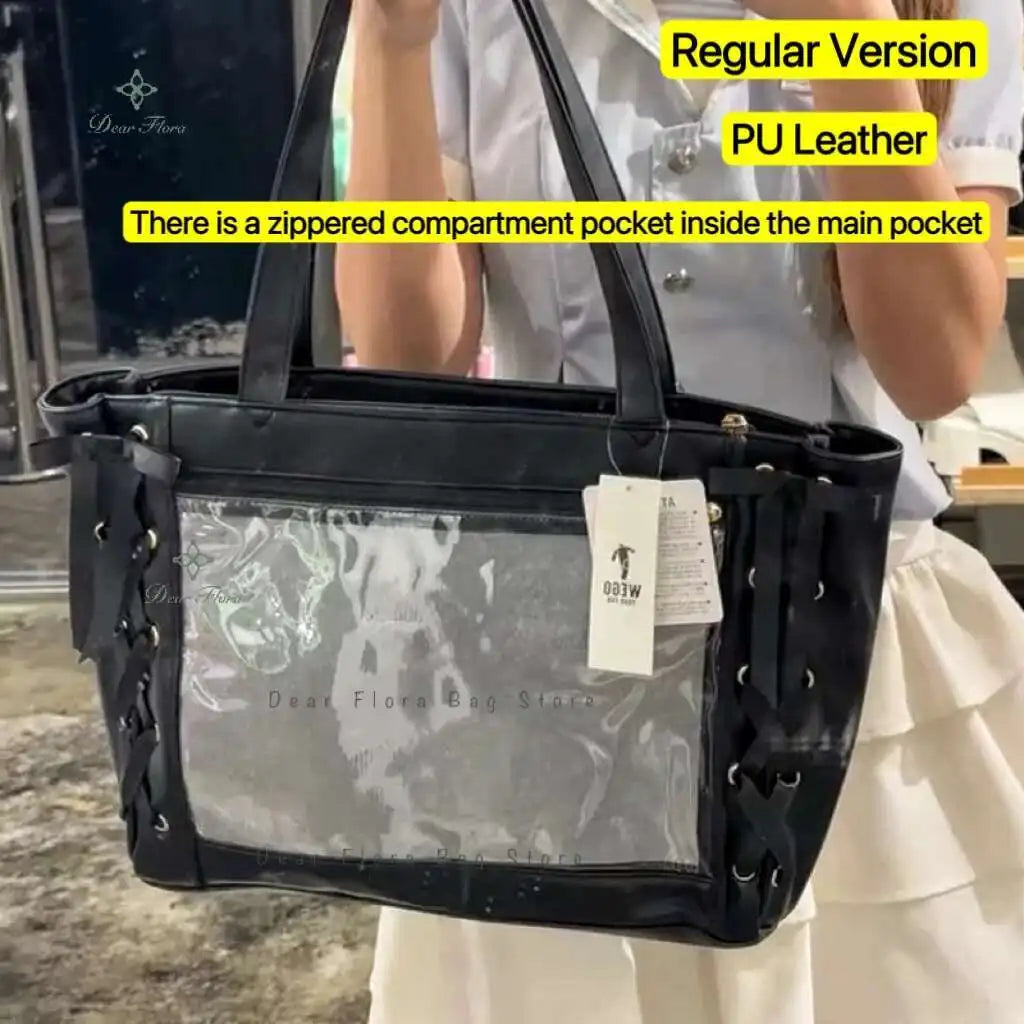 Japanese Sweet Women Ribbon Ita Bag Cute Lolita Girl Transparent Handbags Fashion Large Capacity Tote Bag Aesthetic Shoulder Bag