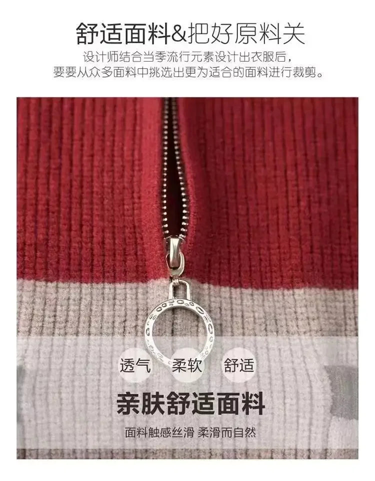 Sping Autumn New Women Sweaters Coats Stand Collar Zipper Contrast Color Pocket Fashion All-match Long Sleeve Cardigan Knit Tops