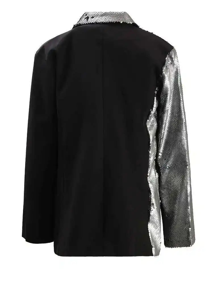 EAM Black Color-block Sequins Big Size Blazer Women New Lapel Long Sleeve Jacket Fashion Tide Spring Autumn 2025 CPG1490