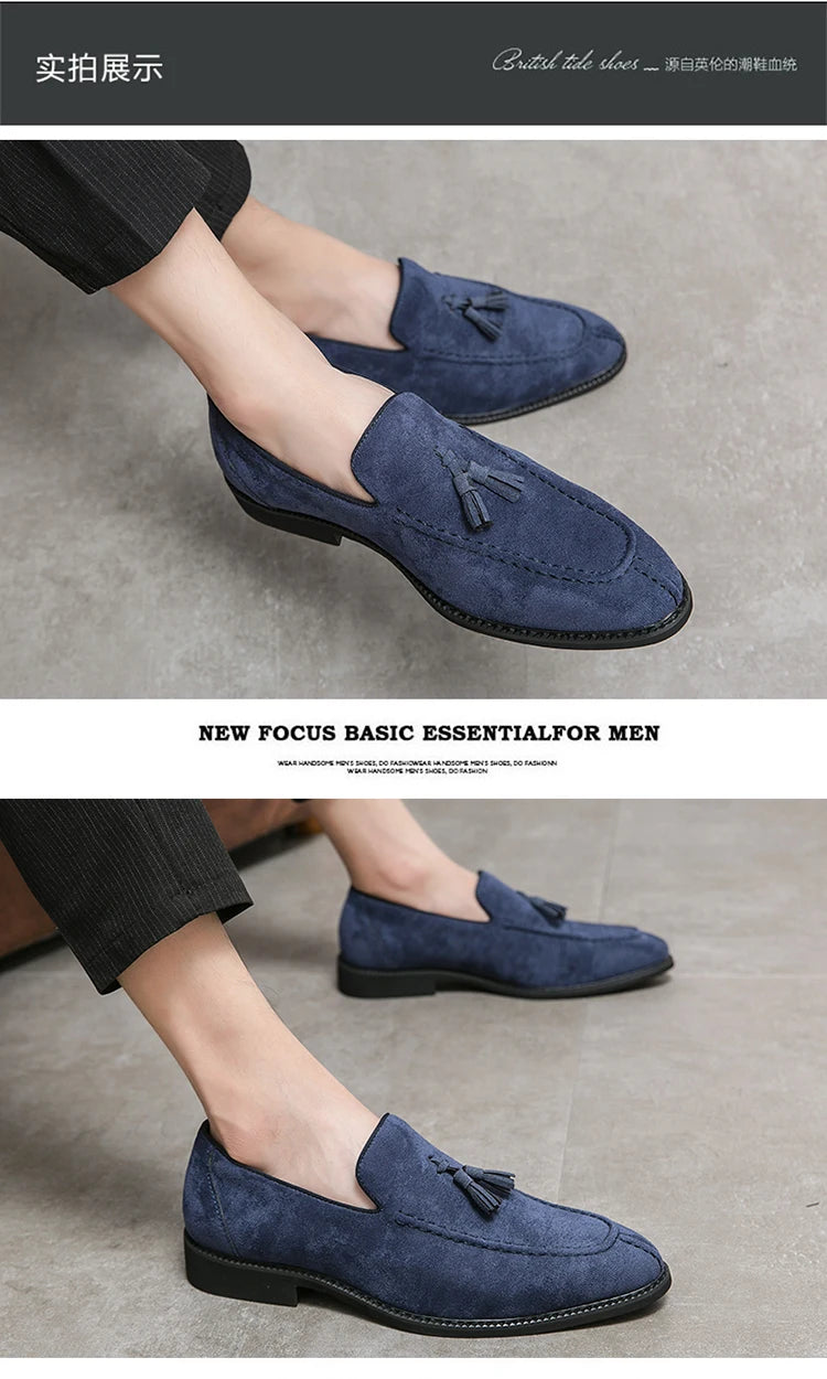 Brand Design Men Suede Leather Shoes Moccasins Purple Tassel Pointed Men's Loafers Vintage Slip-on Casual Men Social Dress Shoe