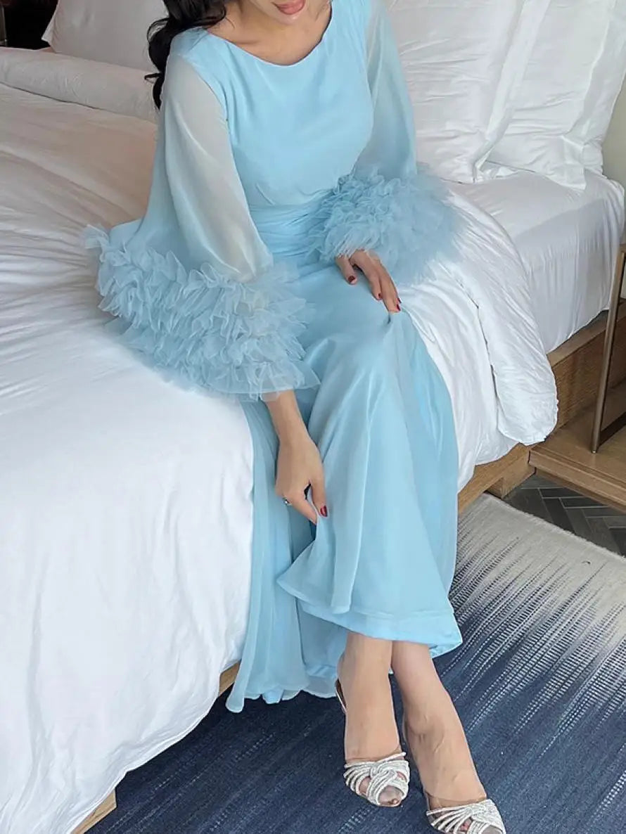 UOOZEE 2024 New Women Fashion Solid Color Elegant Bridesmaid Dress Spring Flared Sleeve Pleated Party Evening Maxi Dresses