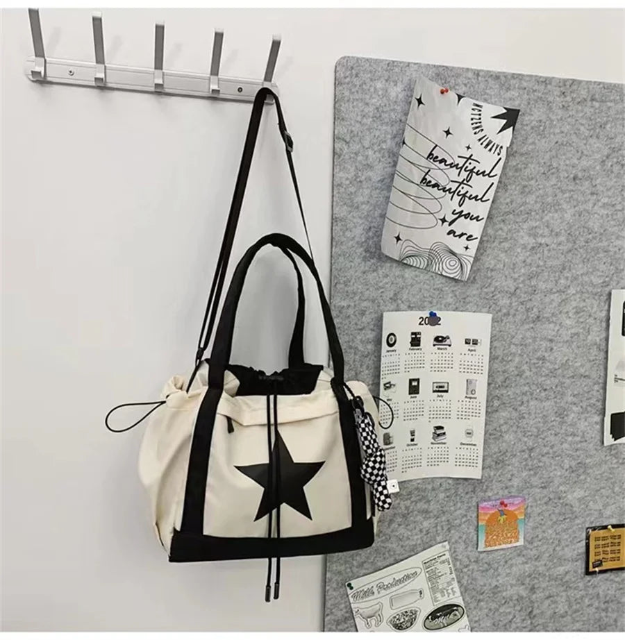 Personality Women Crossbody Bag Y2K Style Large Capacity Couple Shoulder Bag New Casual Nylon Tote Bag Luxury Drawstring Handbag