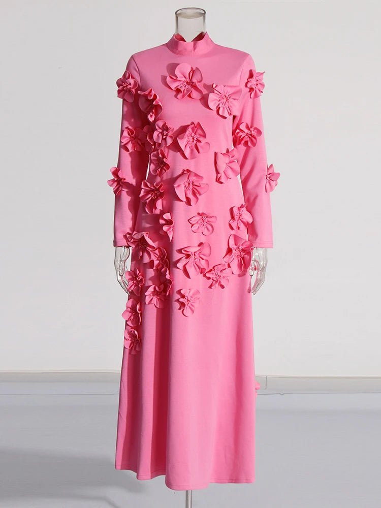 TWOTWINSTYLE Solid Spliced Appliques Slimming Dresses For Women Half High Collar Long Sleeves A Line Temperament Dress Female