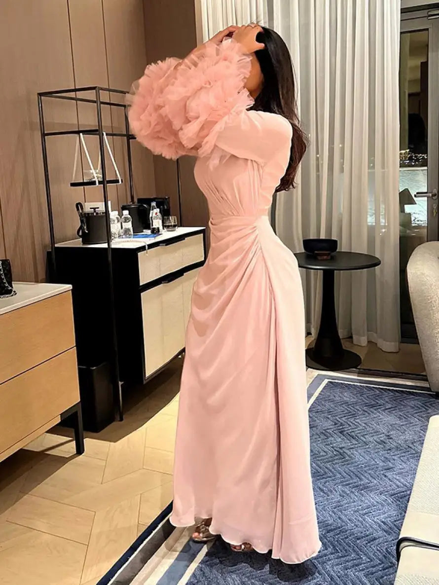 UOOZEE 2024 New Women Fashion Solid Color Elegant Bridesmaid Dress Spring Flared Sleeve Pleated Party Evening Maxi Dresses