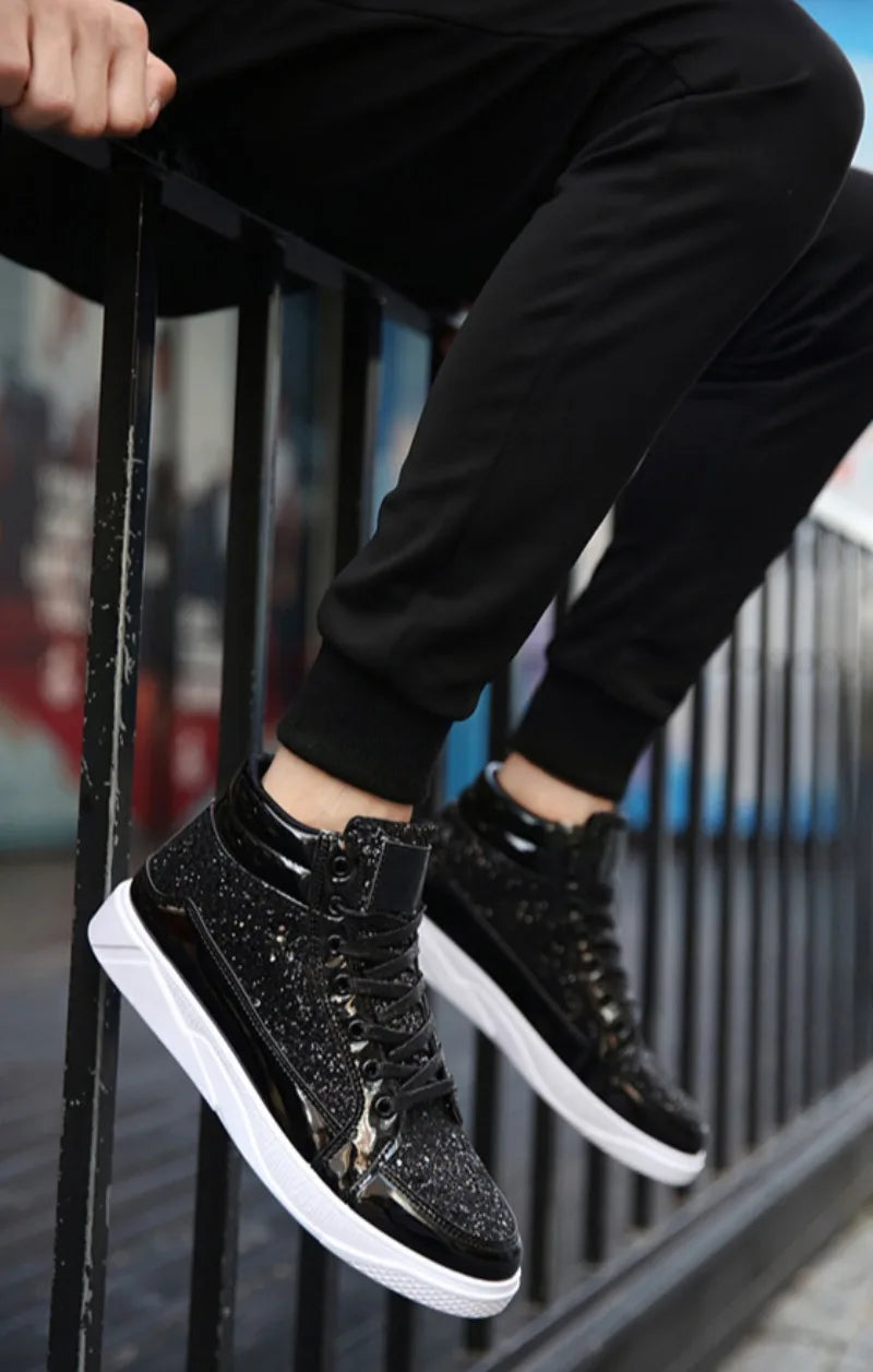 Men's Boots Nightclubs Fashiona Sequins With Diamonds Gold Leather Boots Trendy High Top Sports Casual Shoes Large Size 38-48