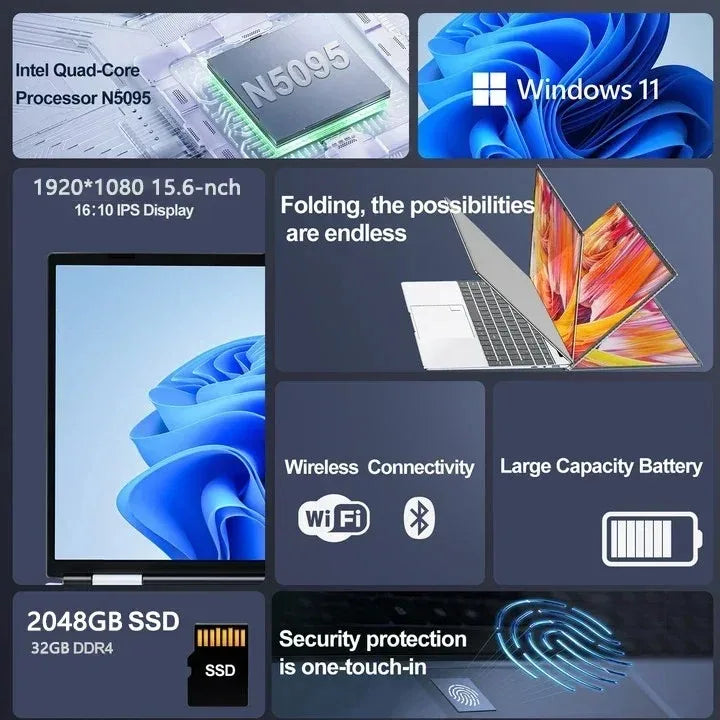 Laptop 15.6" Windows 11 Intel N5095 Office Computer WIFI Backlit Fingerprint Notebook Pc Essential for Travel and Birthday Gifts