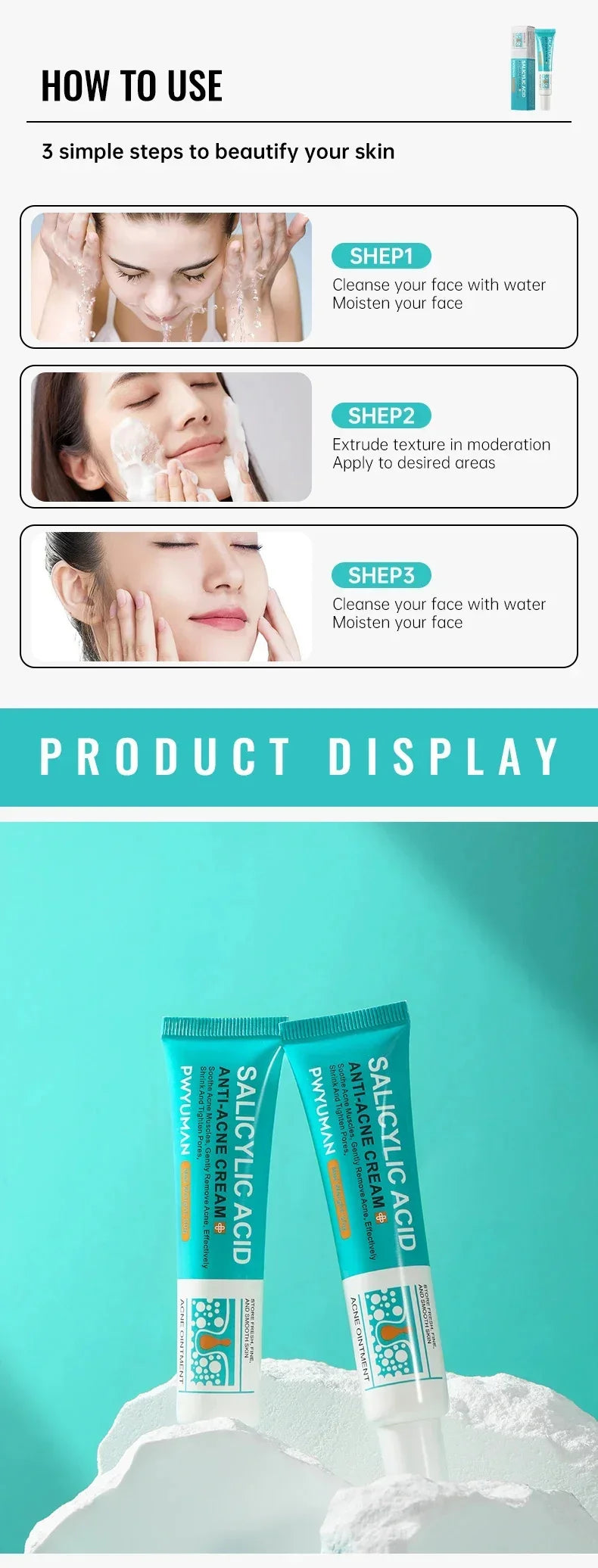 Salicylic Acid Acne Removal Cream Repair Pimple Spots Deep Cleaning Pore Shrinking Oil Control Whitening Moisturizing Skin Care