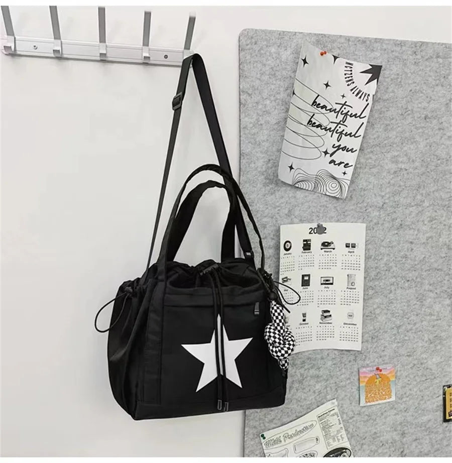 Personality Women Crossbody Bag Y2K Style Large Capacity Couple Shoulder Bag New Casual Nylon Tote Bag Luxury Drawstring Handbag