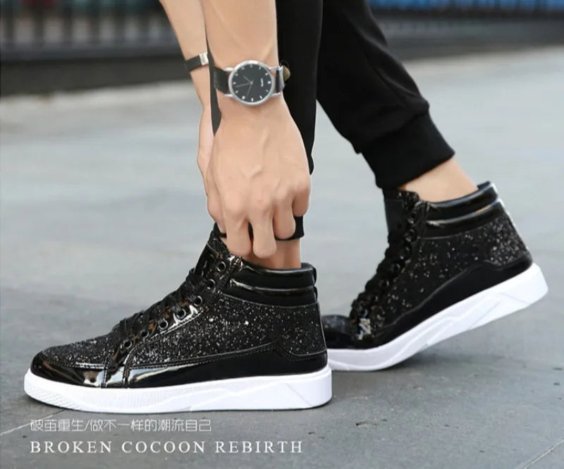 Men's Boots Nightclubs Fashiona Sequins With Diamonds Gold Leather Boots Trendy High Top Sports Casual Shoes Large Size 38-48