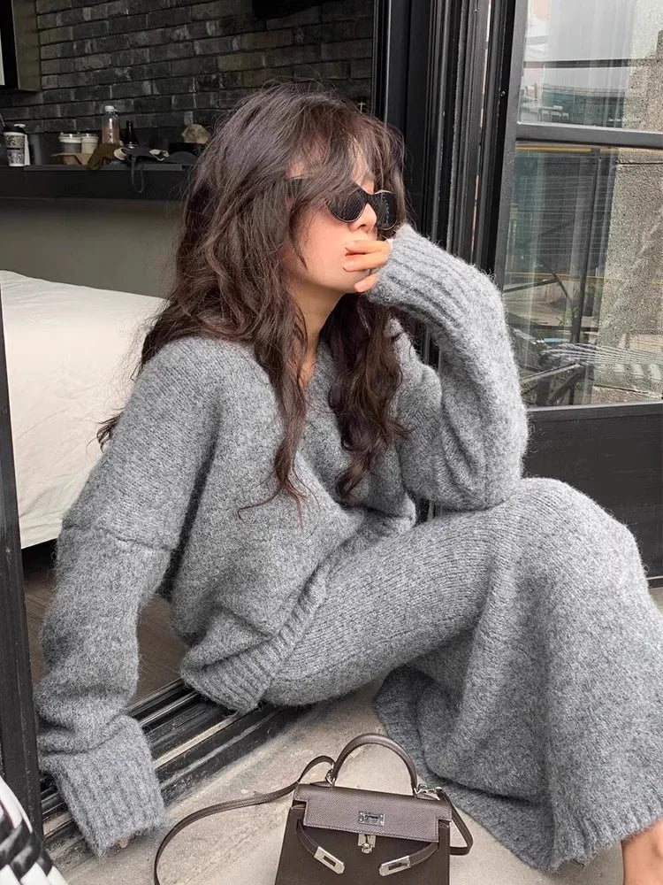 Elegant Solid Sweater Skirts Suits for Women Autumn Winter Fashion V-Neck Pullover Knitted Top Loose Skirt Casual Two Pieces Set