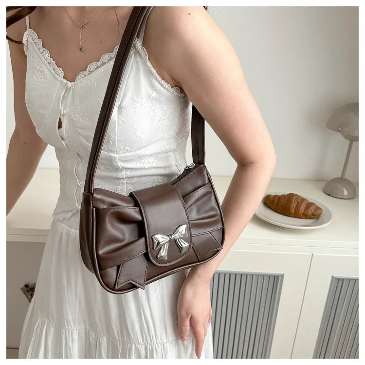 Sweet Bow Small Underarm Bag for Women Fashion PU Leather Ladies Portable Shoulder Bags Solid Color Female Clutch Handbags