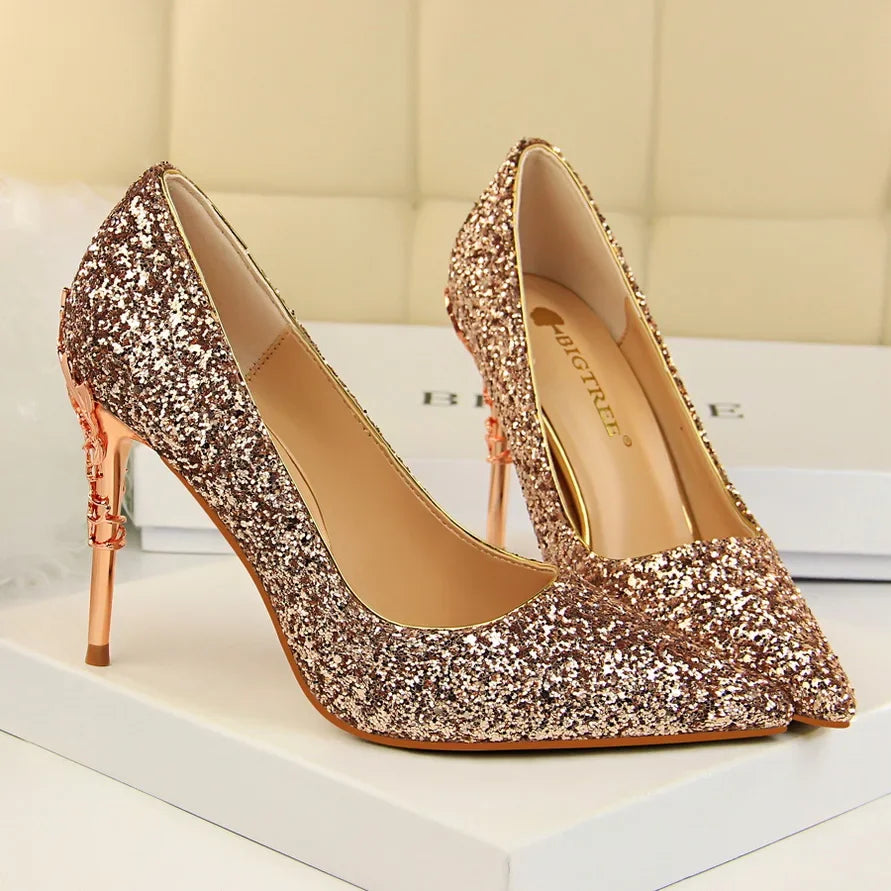 Women 9.5cm High Heels Pumps Lady Wedding Bridal Gold Silver Stiletto Heels Nightclub Event Party Sparkly Sequins Bling Shoes