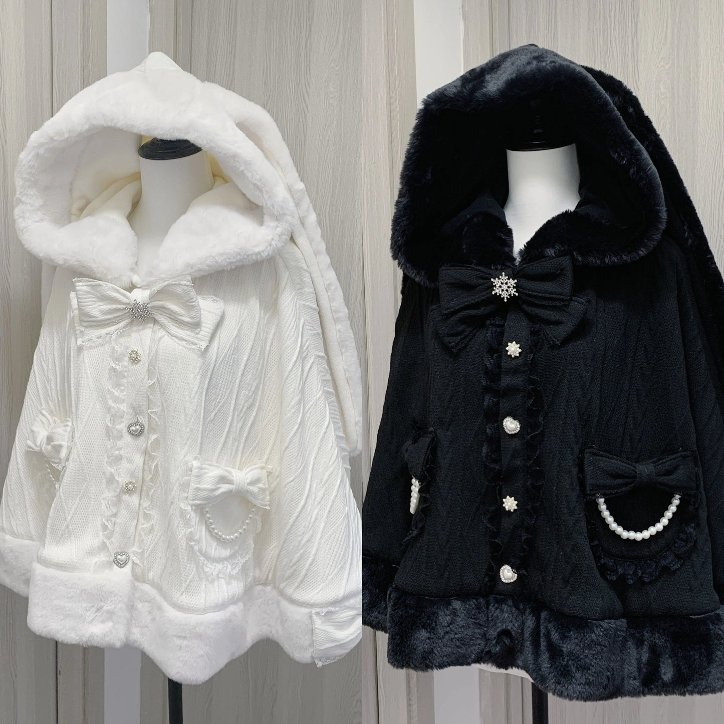 Japanese Style New Winter Mass Production Mine Series Velvet Rabbit Ear Cape Sweet Bow Knitted Furry Cloak Warm Jacket Coat