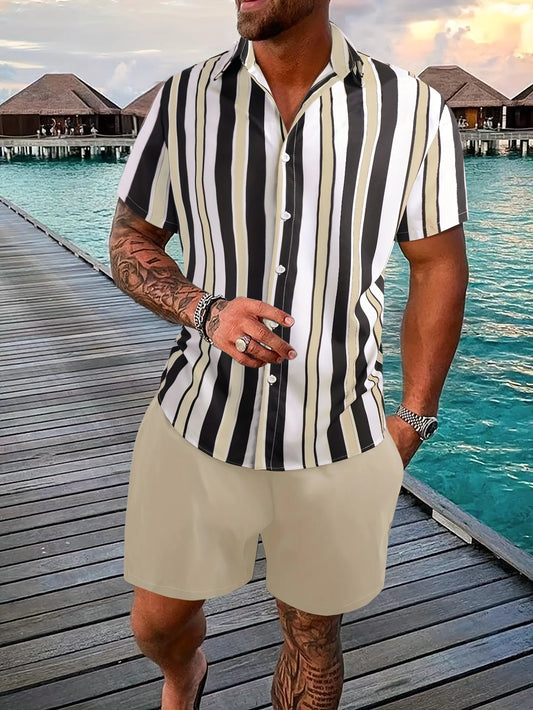 Summer Men Shirt Sets Hawaiian 3D Print Multicolor Stripes Short Sleeve Casual Shirt Oversized Beach Shorts Man Suits Clothing