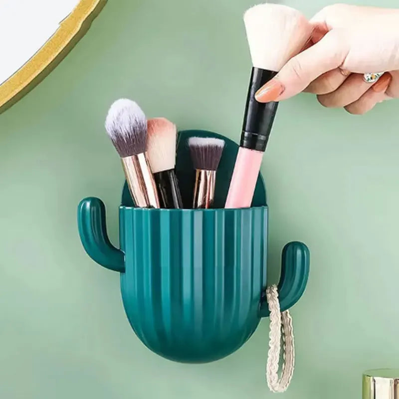 Cute Cactus Makeup Brush Holder,Wall Mounted Sundries Box Self-Adhesive Shaver Rack,Kitchen Bathroom Toothbrush Storage Containe